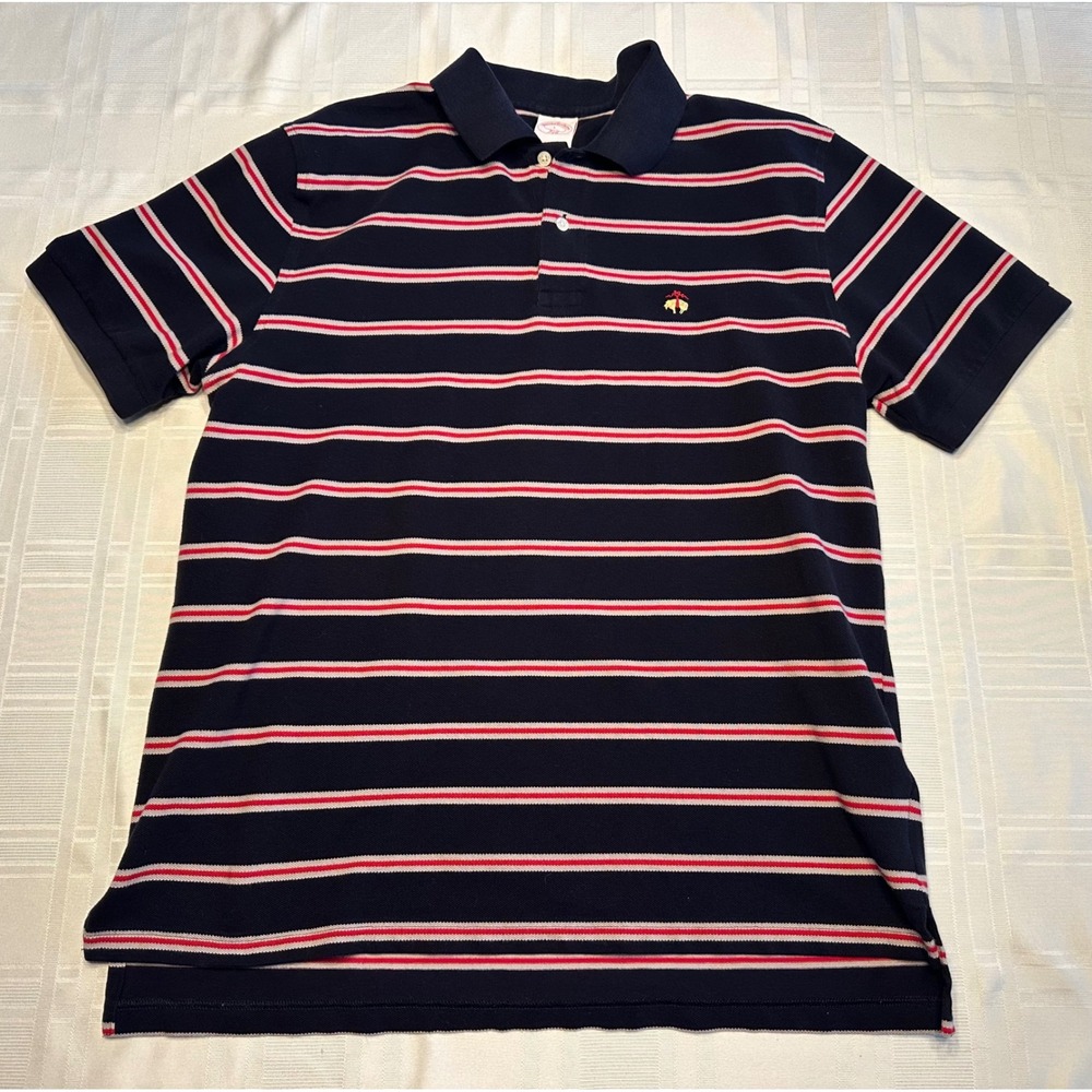Brooks Brothers Polo Mens L Navy Blue 346 Original Fit Striped Cotton Pique Logo